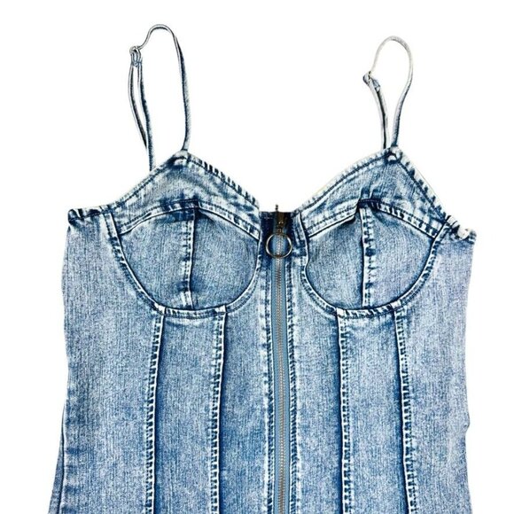 Denim Corset-Style Mini Dress W/ Front Zipper Closure By Iris Size L - Picture 3 of 14